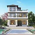 Modern Two Story Detached Villa Exterior Design With Balcony Lush Green Garden Front Pool
