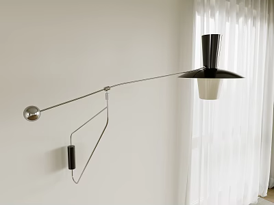 Modern Wall Lamp with Metal Arm and Black Shade on White Wall Near Curtain 3d model