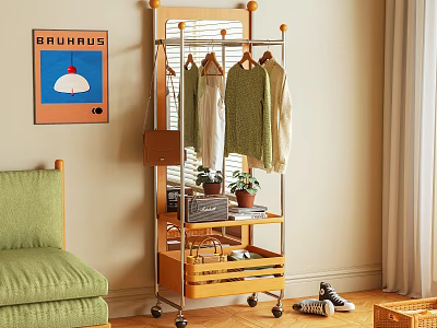 Wheeled Multi Tiered Clothes Rack With Hanging Clothes Drawers And Potted Plant 3d model