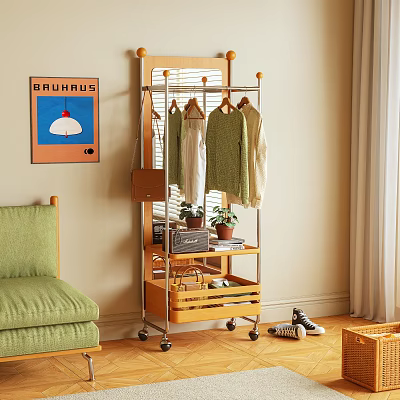 Wheeled Multi Tiered Clothes Rack With Hanging Clothes Drawers And Potted Plant 3d model