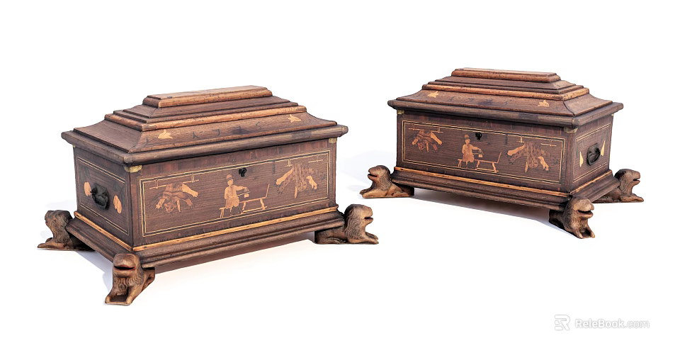 Vintage Wooden Chests Featuring Intricate Carved Designs And Animal Shaped Feet 3d model 