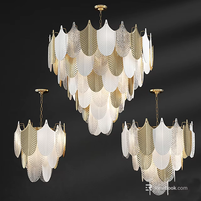 Elegant Modern Feather Shaped Chandelier in White and Gold for Interior Decor 3d model 