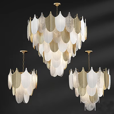 Elegant Modern Feather Shaped Chandelier in White and Gold for Interior Decor 3d model