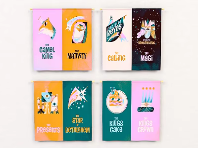 Colorful Christmas Themed Banners With Nativity Caroling Choirs Kings Cake And Star Designs 3d model
