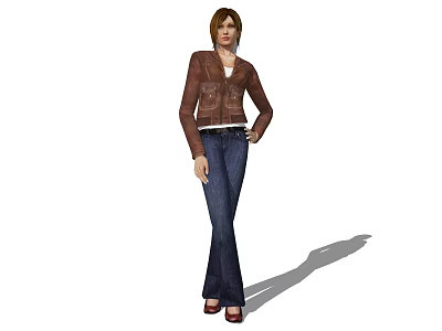 Woman In Brown Leather Jacket White Top Blue Flared Jeans And Red High Heels Standing 3d model