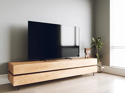 Modern Wooden TV Stand With Flat Screen TV And Potted Plant By Window 3d model