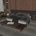 Modern Double Bed with Textured Headboard in Neutral Bedroom Wooden Floor and Armchair