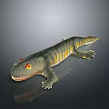 Reptile 3D Render with Gray Body Yellow Stripes Red Eyes and Open Mouth