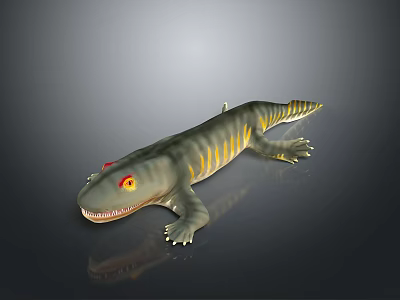 Reptile 3D Render with Gray Body Yellow Stripes Red Eyes and Open Mouth 3d model
