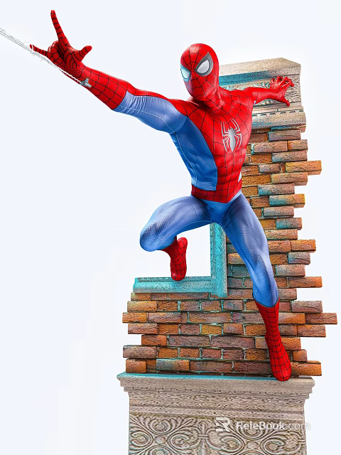 Spider Man Leaping From Brick Wall In Red And Blue Costume 3d model 