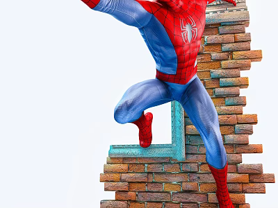 Spider Man Leaping From Brick Wall In Red And Blue Costume 3d model