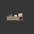 Vintage Workspace Interior With Wooden Desk Green Cabinet Crates Map And Rug