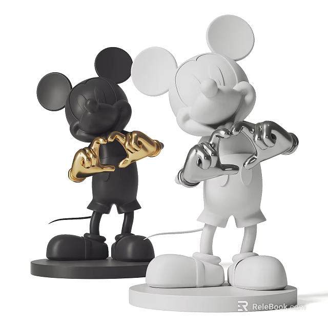 Black and White Mickey Mouse Shaped Sculptures With Gold and Silver Hand Gesture Accents 3d model 