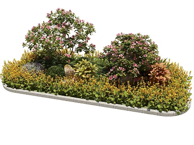 Roadside Facilities Featuring Gray Curbs Rectangular Flower Bed Pink Flowering Shrubs Yellow Plants And Stones 3d model