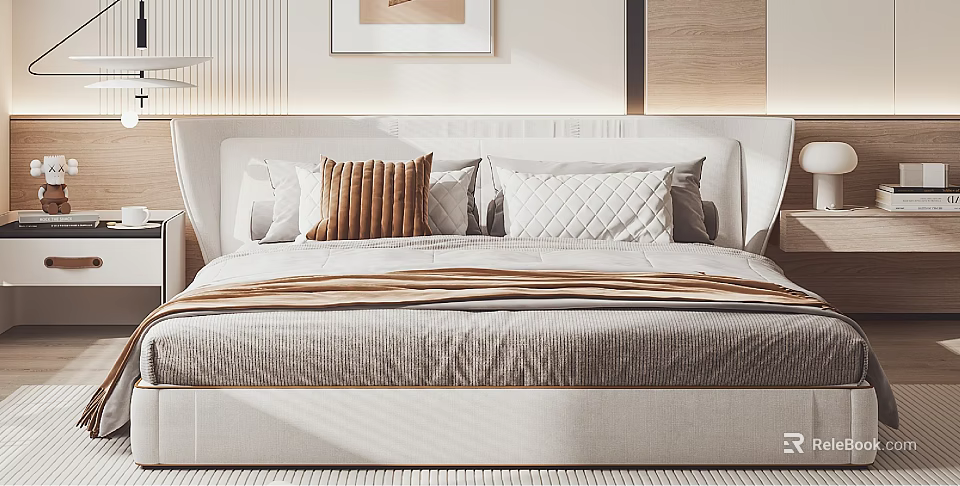 Modern Double Bed with White Headboard Decorative Pillows and Soft Blanket 3d model