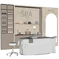 Elegant SPA Beauty Massage Bed in Relaxing Salon with Skincare Products Towels and Mirror