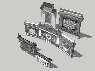 Traditional Chinese Scenic Wall Design With Ornate Roofs Intricate Carvings And Circular Square Openings 3d model