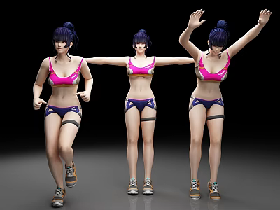 Women in pink sports bra and purple shorts doing different fitness poses with sneakers 3d model