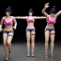 Women in pink sports bra and purple shorts doing different fitness poses with sneakers