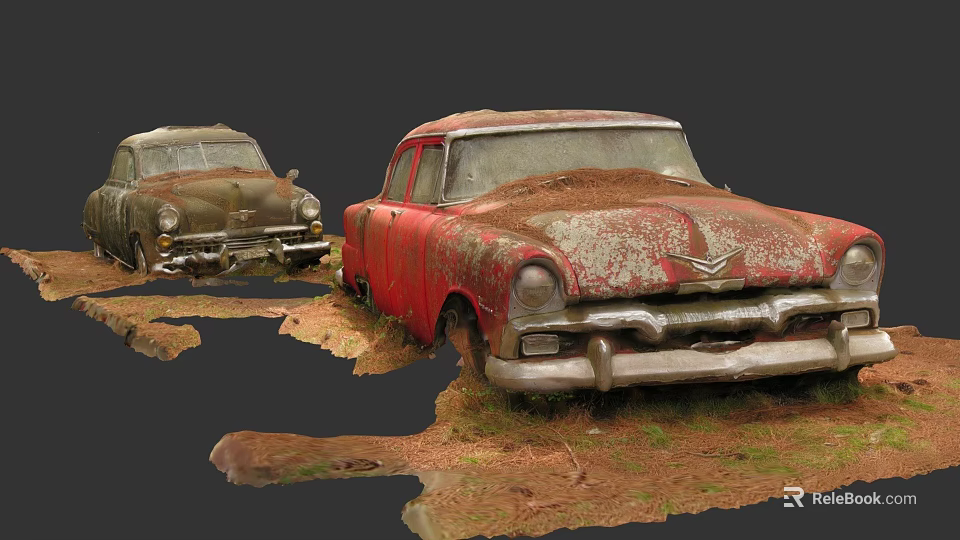 Vintage Rusty Old Cars Featuring Weathered Exterior And Dirt Covered Bodies 3d model 