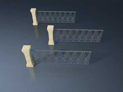 Elegant Swing Doors with Intricate Iron Grilles and Stone Support Pillars 3d model