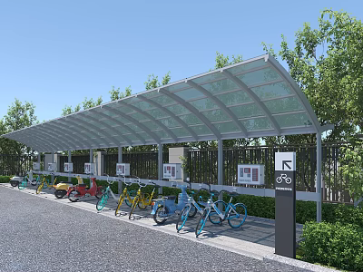 Transparent Roof Bike Shelter with Colored Bicycles Signage and Trees in Parking Lot 3d model