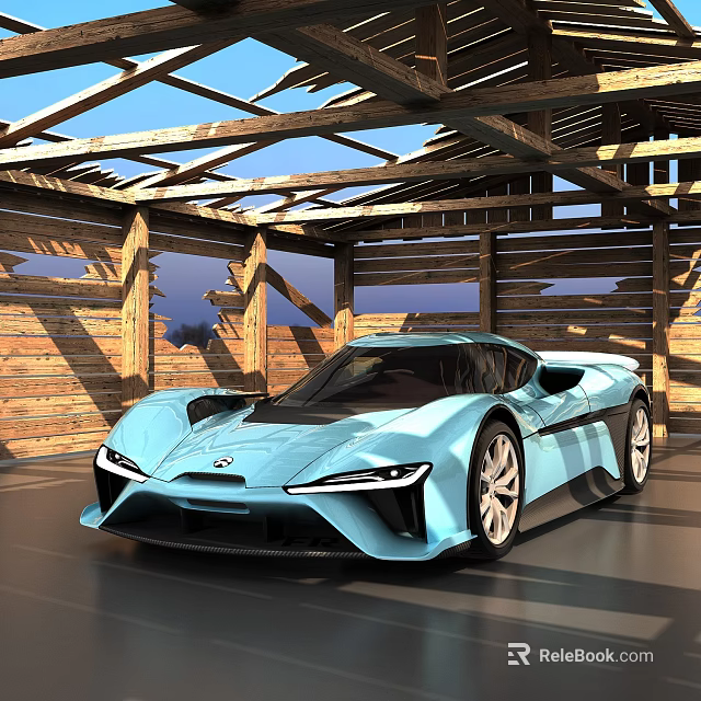 Blue Sports Car In Wooden Garage With Modern Sleek Body And Futuristic Design 3d model 