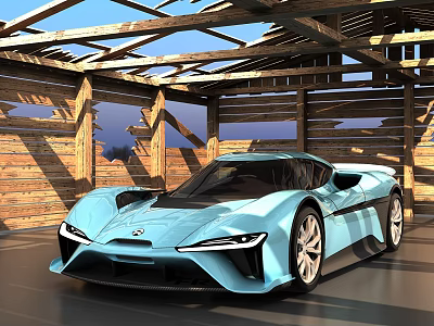 Blue Sports Car In Wooden Garage With Modern Sleek Body And Futuristic Design 3d model