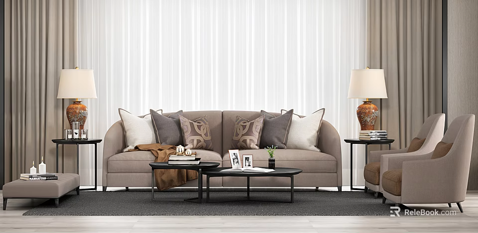 Modern Gray Sofa And Coffee Table Set With Decorative Pillows And Table Lamps 3d model