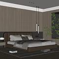 Modern Bedroom Interior With Dark Wooden Accent Wall Leather Headboard And Pendant Lights