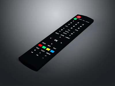 Black Electronic Remote Control with Colorful Buttons Red Power Button and Function Buttons 3d model