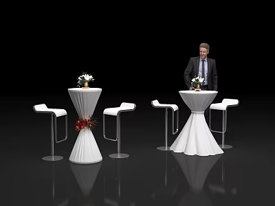 Elegant Coffee Break Area With White Tables Flower Arrangements And White Bar Stools 3d model