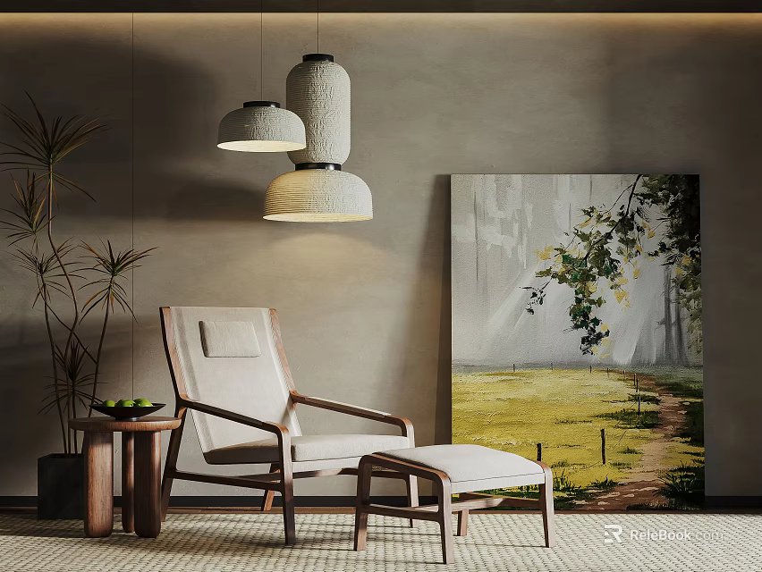 Modern Cozy Interior With Leisure Chair Ottoman Side Table Pendant Lights And Green Landscape Painting 3d model 
