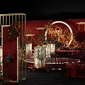 Chinese Style Wedding Stage With Red Background Circular Decorations Flowers And Lanterns