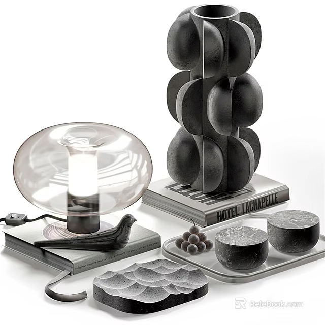 Modern Decorative Ornament Set With Stacked Black Spheres And Glass Display Pieces 3d model 
