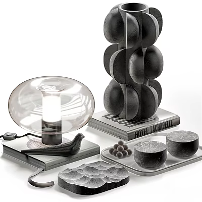 Modern Decorative Ornament Set With Stacked Black Spheres And Glass Display Pieces 3d model
