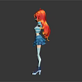 Child 3D Character with Red Long Hair Blue White Striped Top Blue Skirt Arms Outstretched