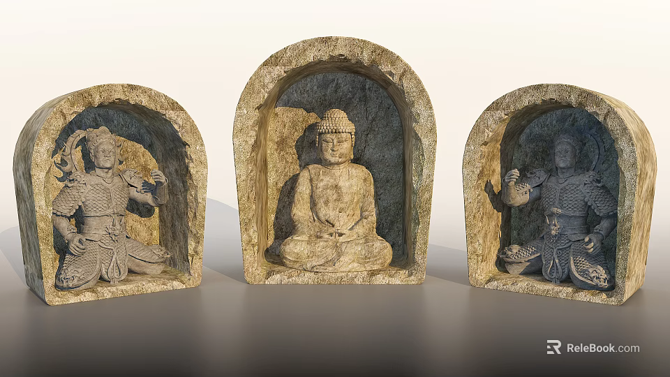 Detailed Stone Carved Central Buddha And Side Warrior Sculptures In Niche 3d model 
