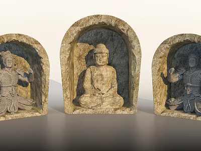 Detailed Stone Carved Central Buddha And Side Warrior Sculptures In Niche 3d model