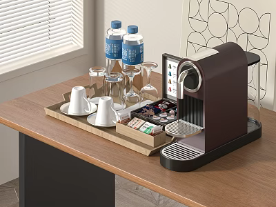 Stylish Cups On Wooden Table With Coffee Machine Water Bottles Glasses And Sugar Packets 3d model