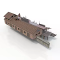 Traditional Architectural Building Model With Brown Roof And Brick Wall Details