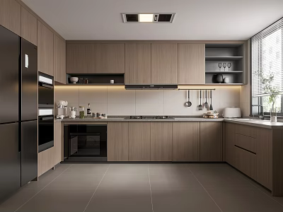 Modern Open Kitchen Interior Design With Wooden Cabinets Gray Countertop And Black Appliances 3d model
