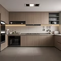 Modern Open Kitchen Interior Design With Wooden Cabinets Gray Countertop And Black Appliances