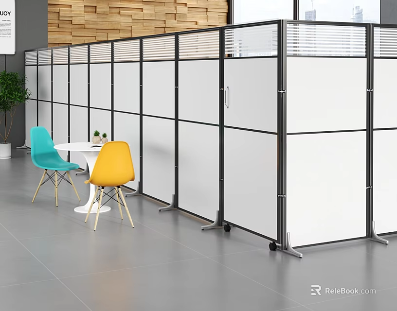 Modern Office Room Divider With Black Frame White Panels And Colorful Chairs In Workspace 3d model 