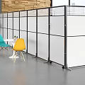 Modern Office Room Divider With Black Frame White Panels And Colorful Chairs In Workspace