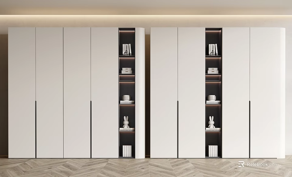 Modern Wardrobe With White Panels Black Vertical Strips Open Shelves Books And Decorations 3d model 