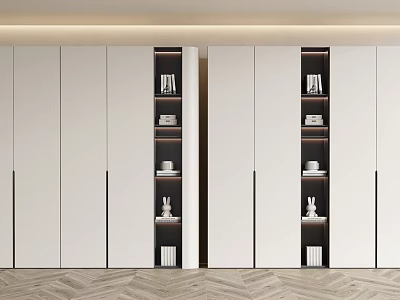 Modern Wardrobe With White Panels Black Vertical Strips Open Shelves Books And Decorations 3d model