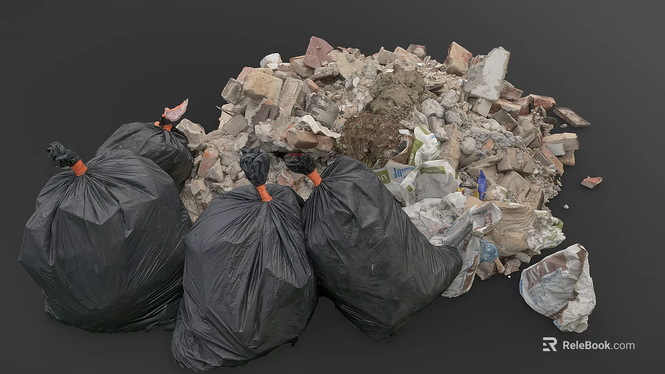Pile Of Construction Debris With Black Garbage Bags Broken Stones And Waste 3d model 