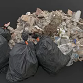 Pile Of Construction Debris With Black Garbage Bags Broken Stones And Waste