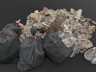 Pile Of Construction Debris With Black Garbage Bags Broken Stones And Waste 3d model